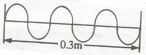 The diagram above represents a transverse electromagnetic wave travelling with speed 3.0 x 108ms-1. What is the frequency of the wave. <br>